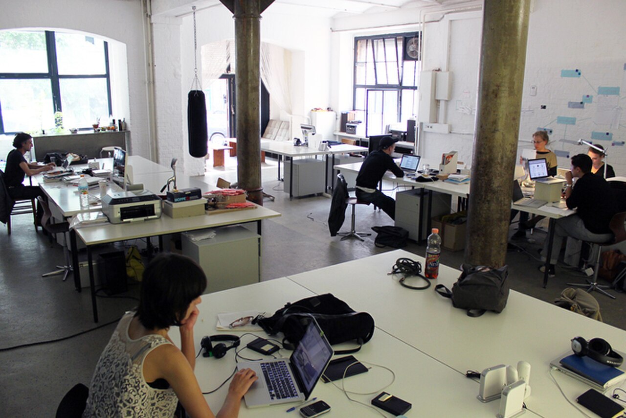 Team working in a loft office